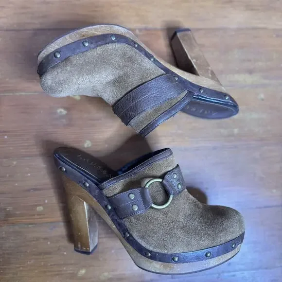 Vintage Y2K Ralph Lauren Brown Suede Studded Clogs Mules Wooden Block Heels 7 M - Picture 5 of 8